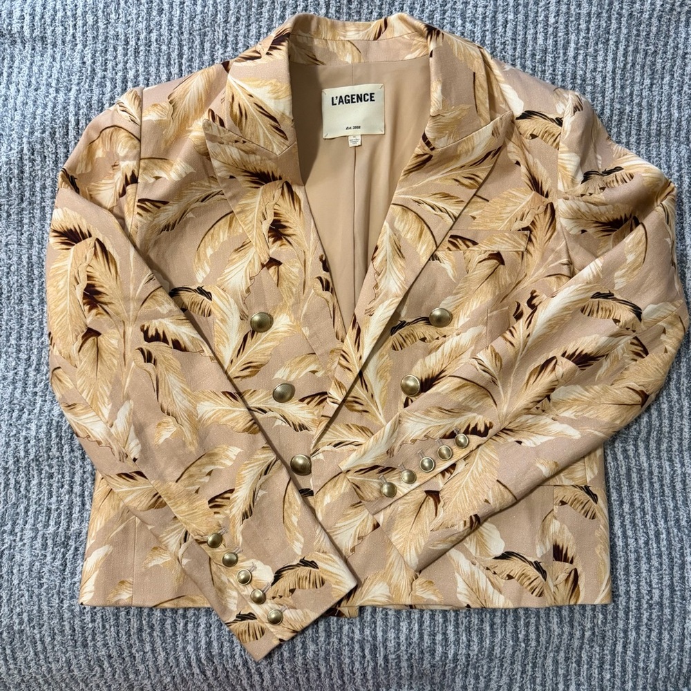 L’Agence Brooke Blazer Size 10 Neutral‎ Leaves Print Designer Statement Jacket - Picture 6 of 11